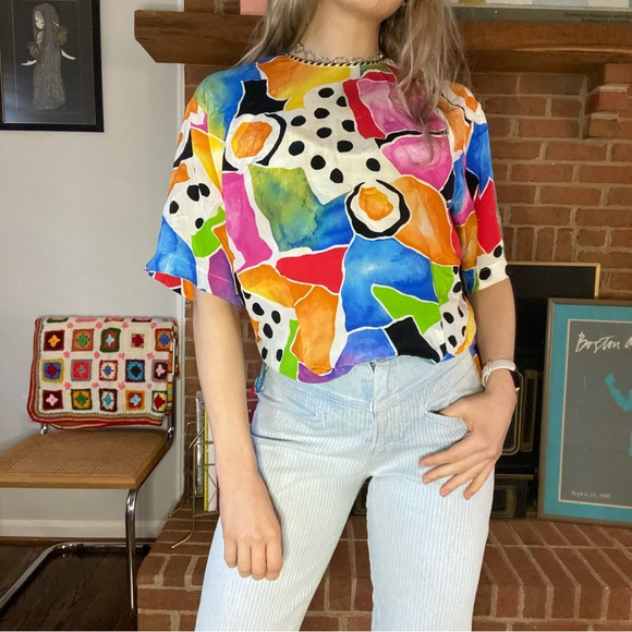 Vintage 80s 90s Studio Image Abstract Print Art Rainbow Top High Neck Cr… - Picture 3 of 12